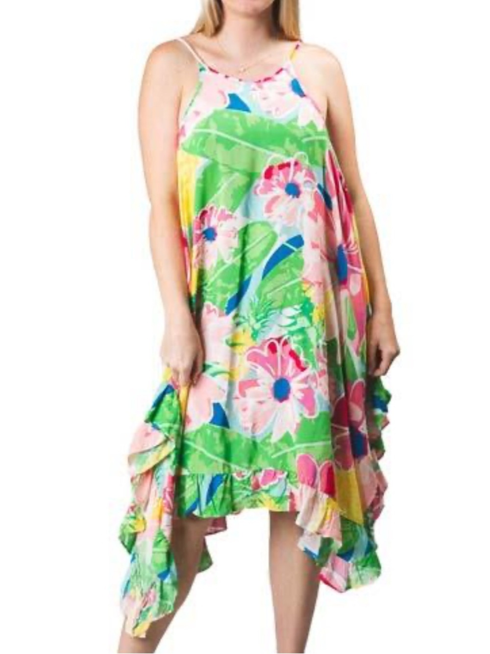 Top it off Floral asymmetrical swing flowy colorful Sundress in Pink & Green